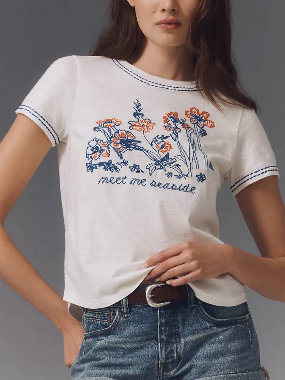 Pilcro Anthropologie Meet Me Seaside Floral Embroidered Tee White Blue XL